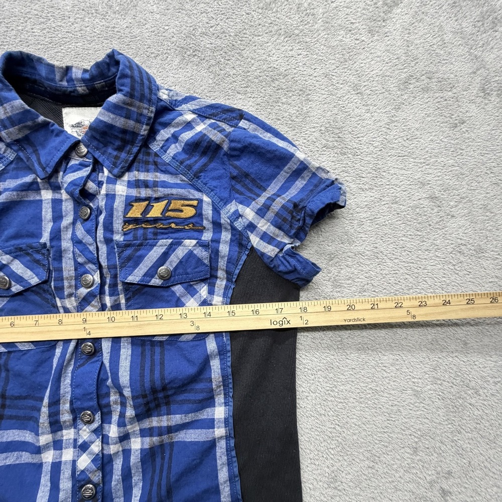 Harley-Davidson Shirt Womens M Blue Plaid Button-Up Short Sleeve Embroidered - Picture 5 of 6